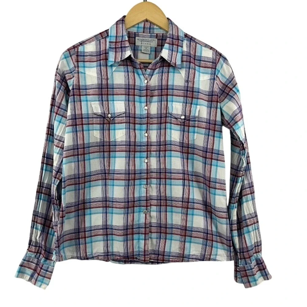 Wrangler Blues Shirt Womens Medium Long Sleeve Pearl Snap Plaid Purple Blue Red - Picture 1 of 9